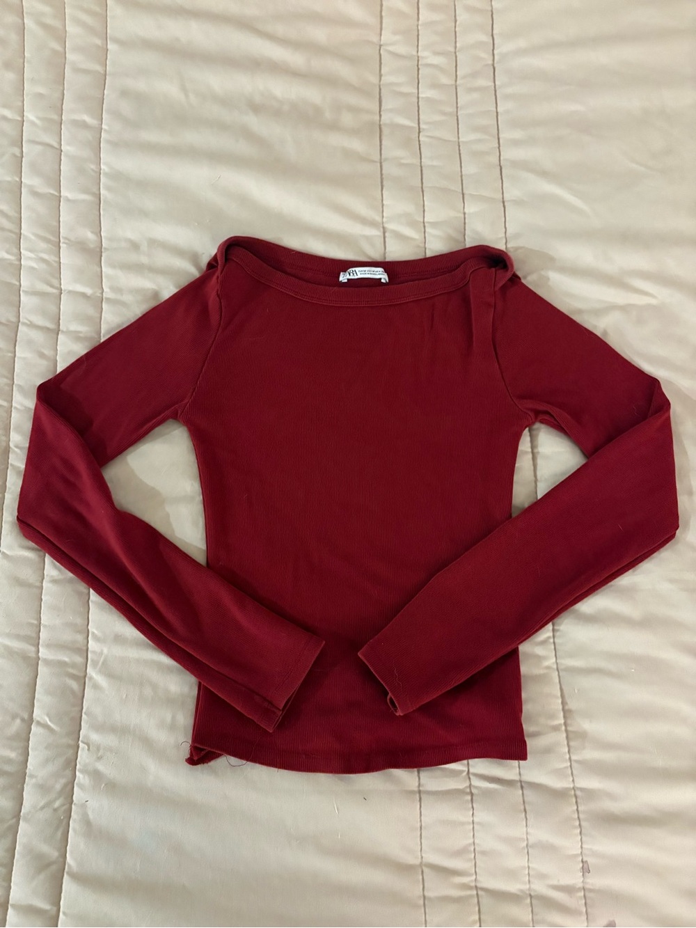 Zara Burgundy Boat Neck Ribbed Long-Sleeve Top